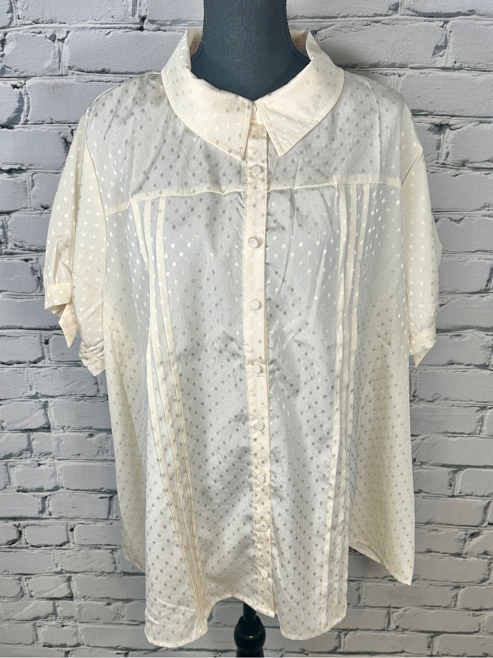 Unique Vintage Ivory Satin Polka Dot Collared Blouse Top Size 5x Retro Academia